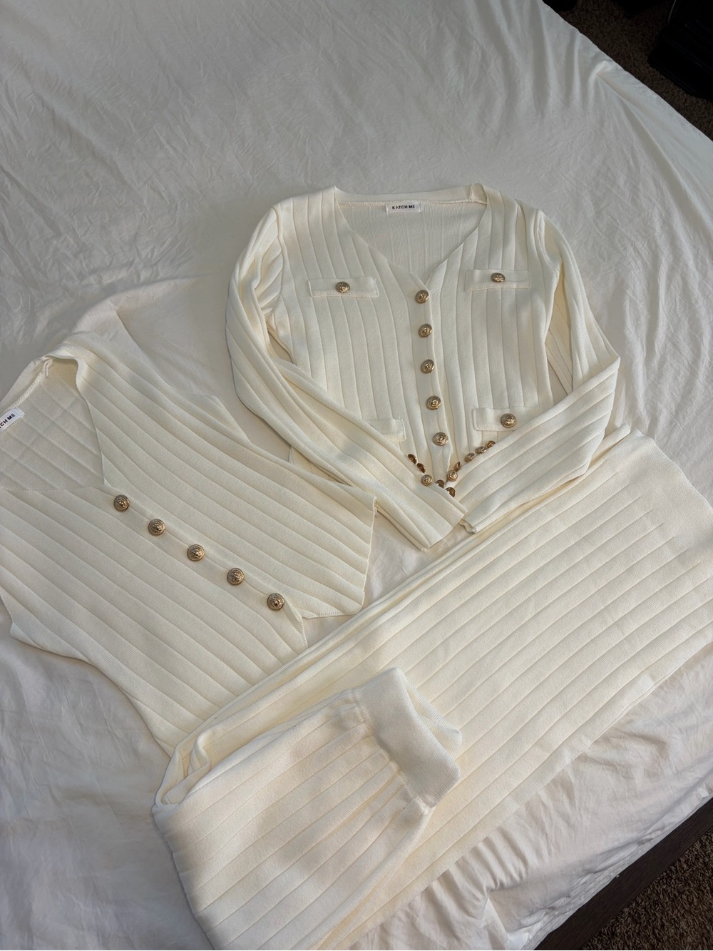 Cream Ribbed Button Cardigan Set with Gold-Tone Buttons - Picture 2 of 6